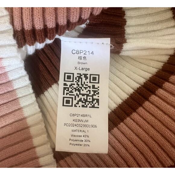 Brown White Pink Ribbed Striped Sweater Dress V-Neck Collared Bodycon Size XL - Picture 12 of 12